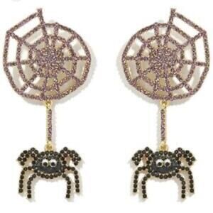 Kawaii Large Spiderweb Spider Drop Dangle Earrings with Pink & Black Rhinestones